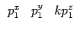 $\displaystyle \begin{array}{ccccccc}p_1^x & p_1^y & kp_1^z\end{array}$
